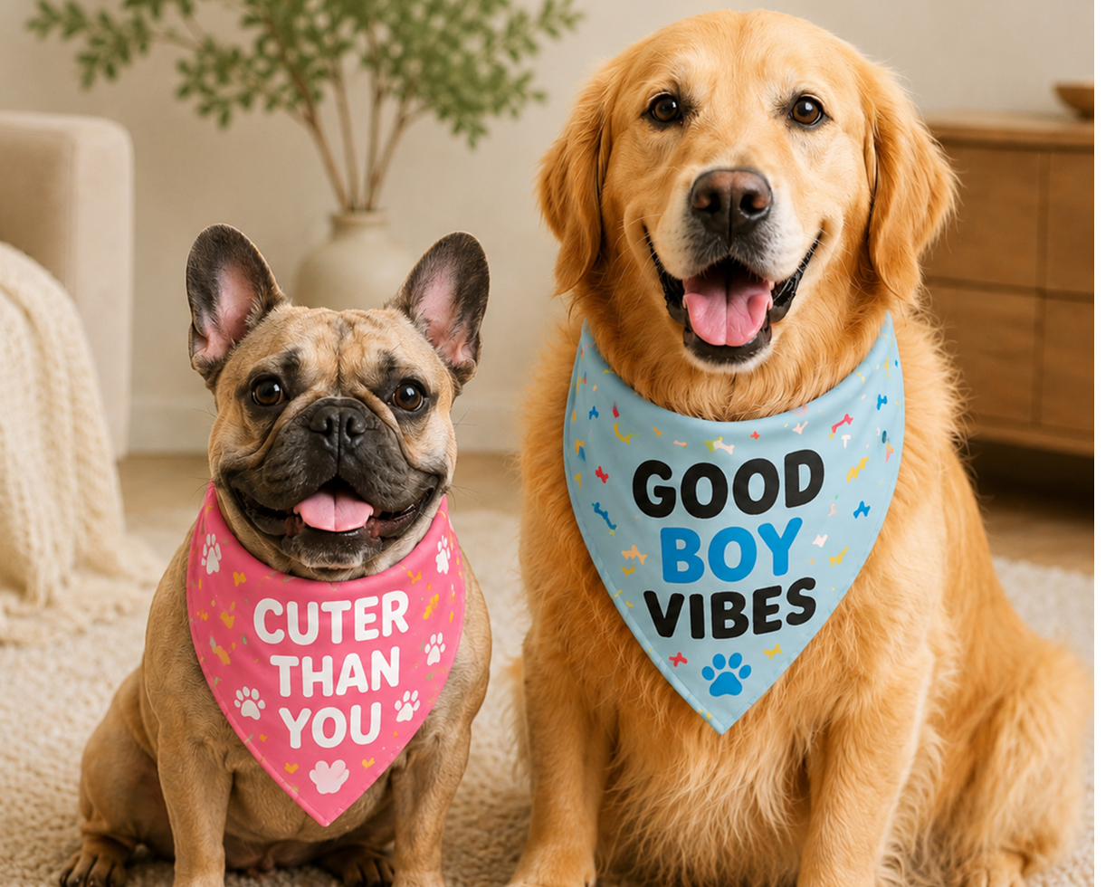 Two dogs wearing custom-printed pet bandanas
