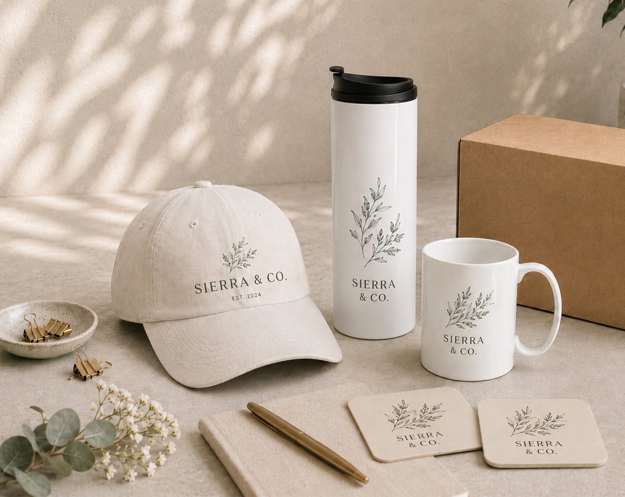 Branded merch set: cap, water bottle, mug, coasters and mailer box