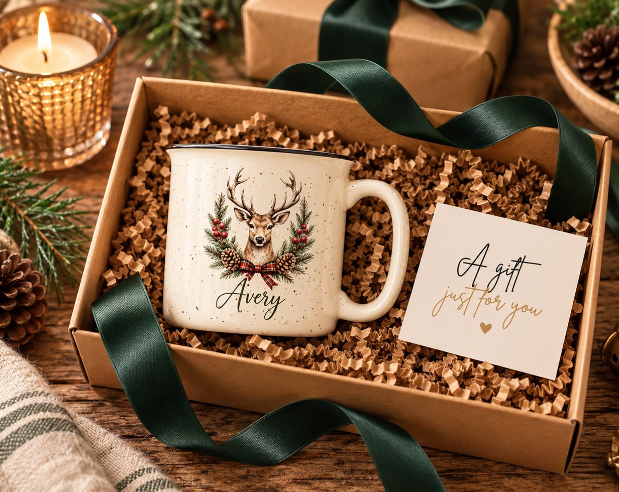 Personalized reindeer camp mug named Avery in a kraft gift box with green ribbon
