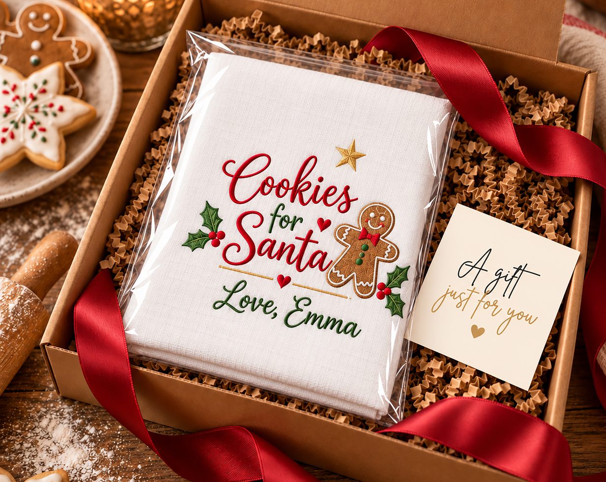 Embroidered Cookies for Santa tea towel personalized for Emma in a holiday gift box