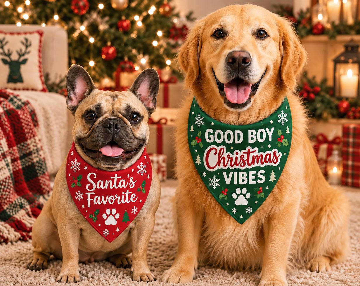 French bulldog and golden retriever wearing Santa's Favorite and Good Boy Christmas Vibes holiday bandanas