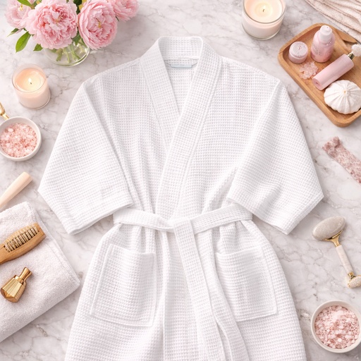[A61] Waffle Weave Kimono Robe - Thigh Length
